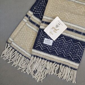 Vintage FARIBO 100% Wool Blanket MESA Blue Cream Southwest Fringe 50x60 NEW USA